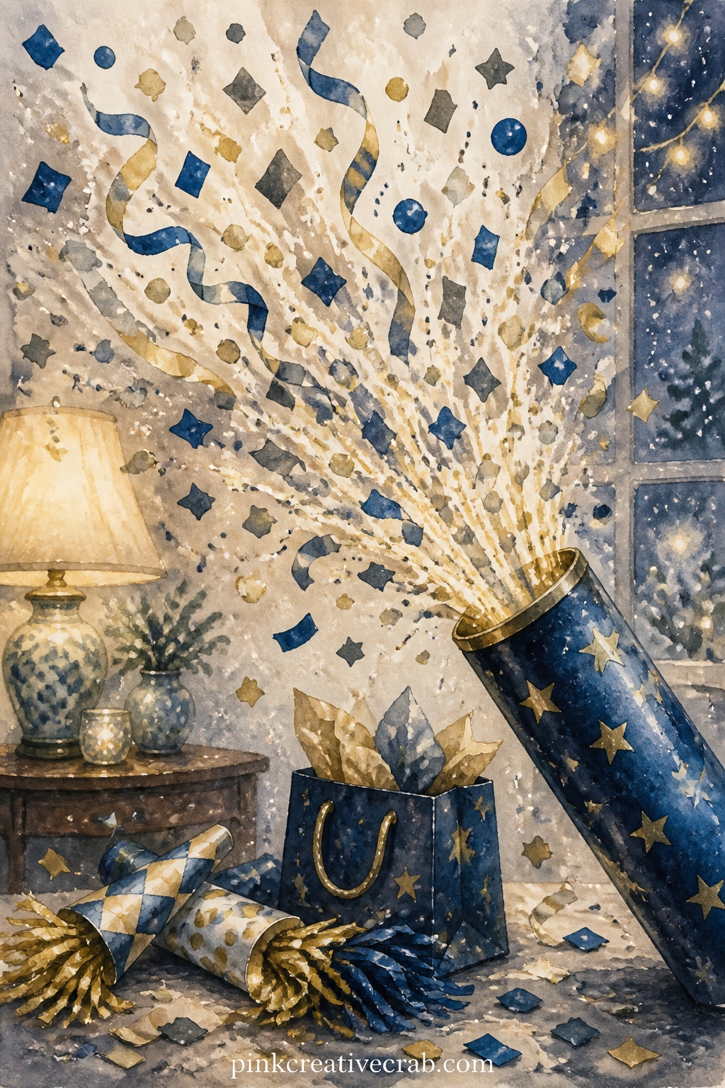 Popping Confetti Cannon printable page — Pair this page with the Gold Stars and Streamers background later in the set: glue a strip of that pattern along the