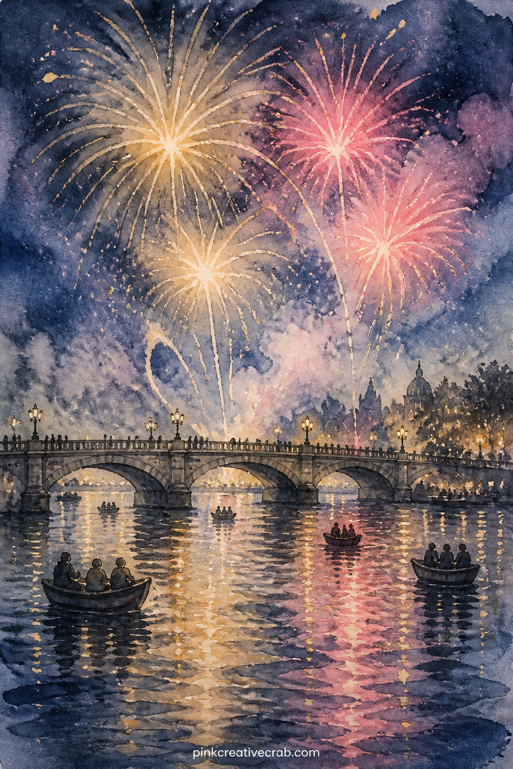 Fireworks Over The River printable page — Fireworks bloom over a dark river while a few small boats and a distant bridge sit quietly beneath them, the whole