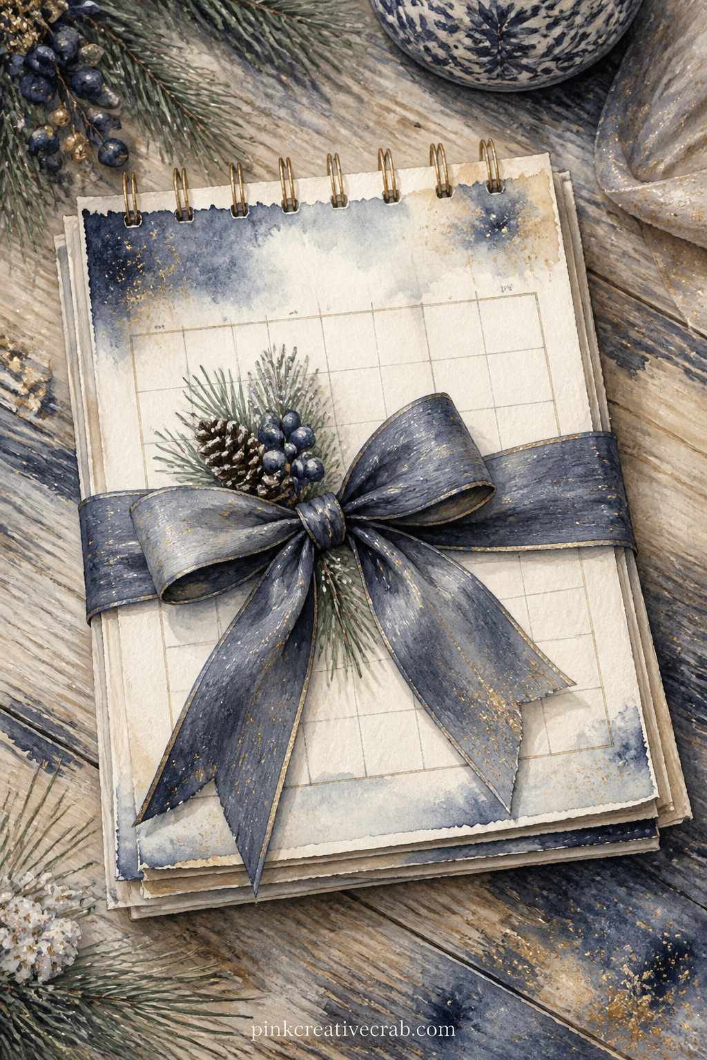 Blank Calendar In Ribbon printable page — This page suits anyone starting a brand new journal from page one, since an empty calendar wrapped and waiting is the
