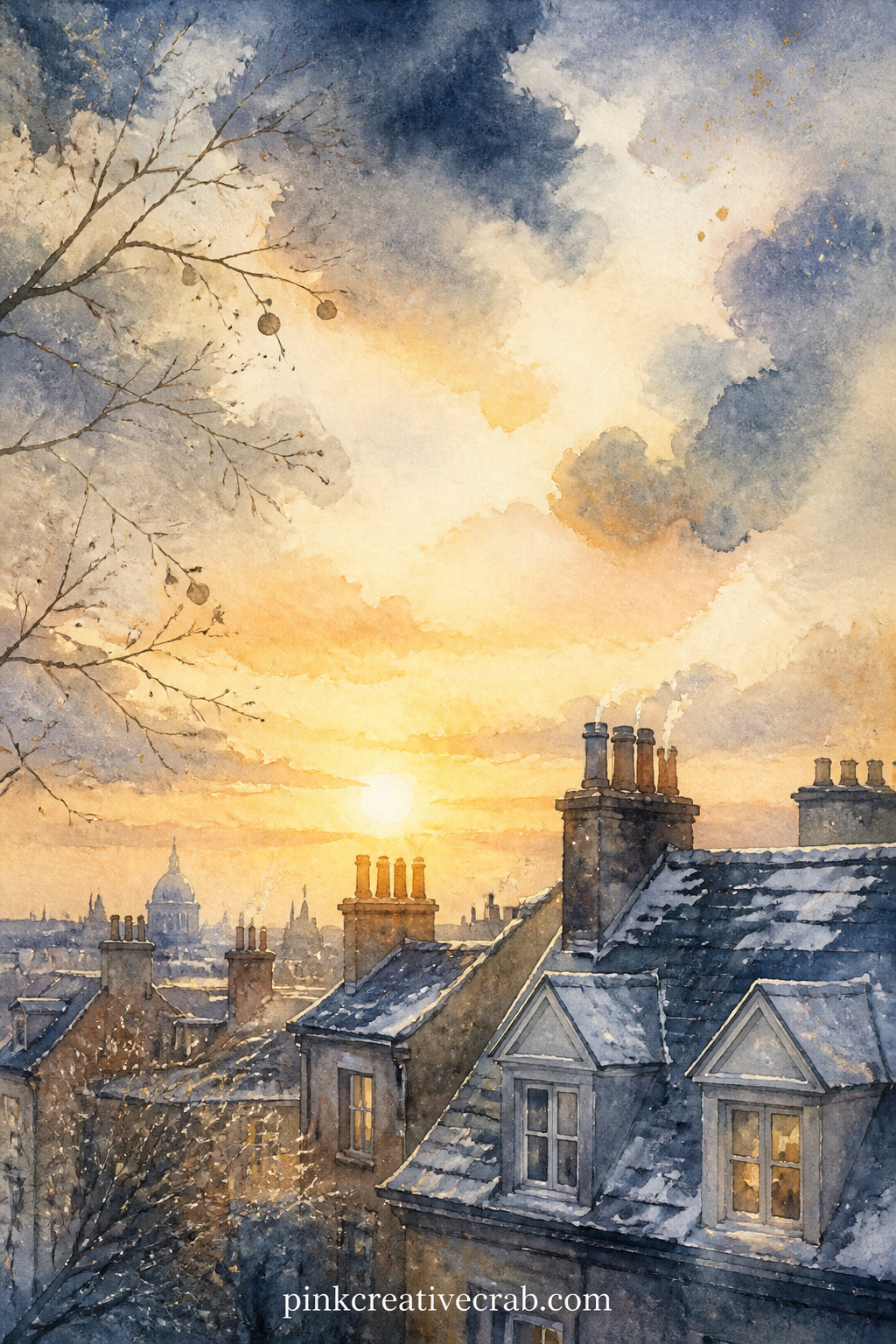 Winter Sunrise Over Rooftops printable page — Place this sunrise directly after the Blank Calendar page in your layout, so the spread reads as one thought: an