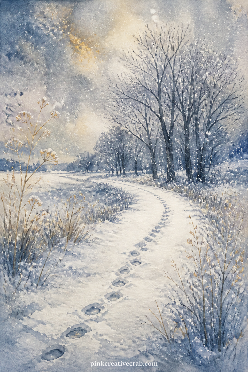 Fresh Snowfall On A Path printable page — A narrow path curves through untouched snow toward a line of dark trees, with a single set of footprints just