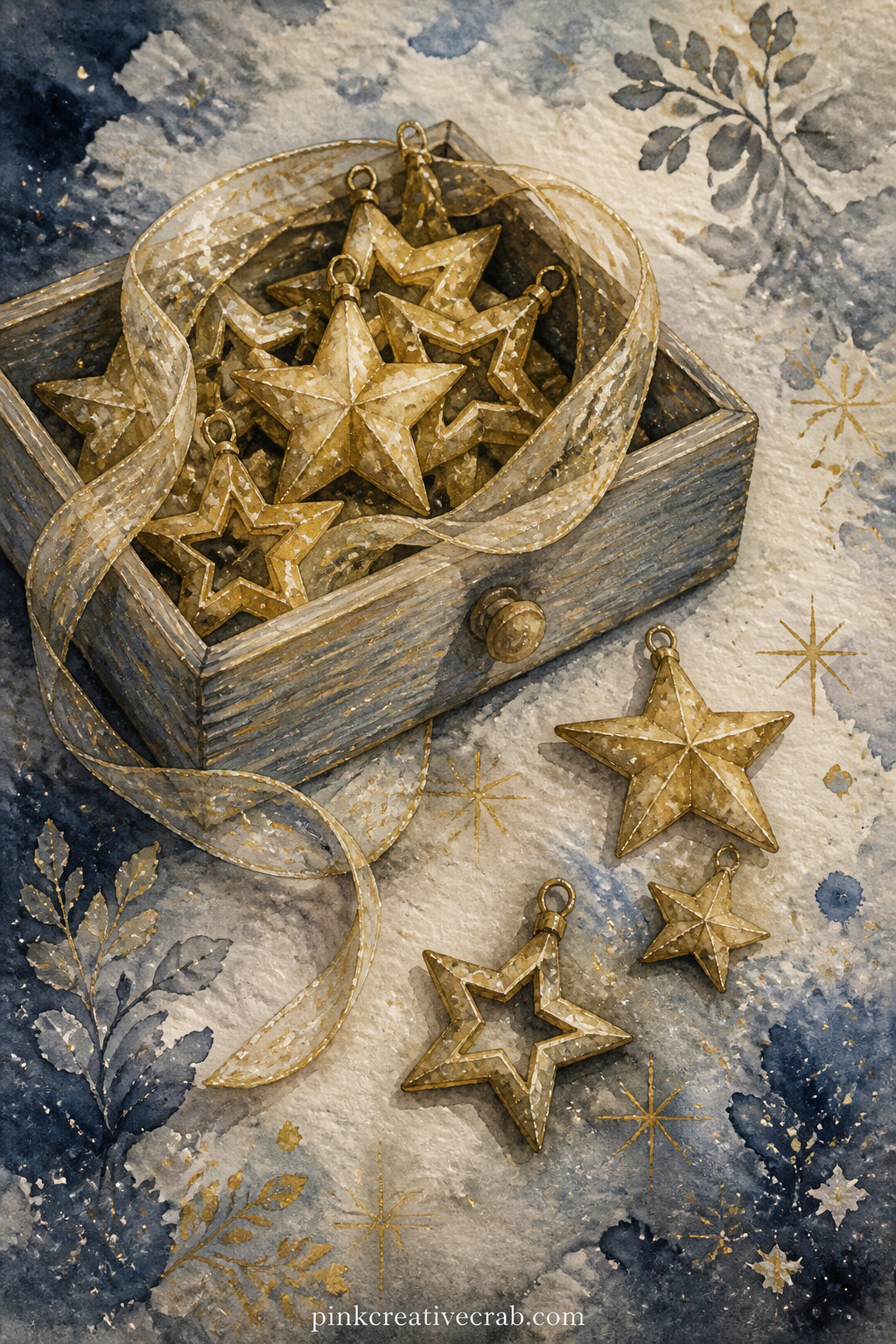 Gold Star Ornament Box printable page — Place the Gold Stars and Streamers background a few pages before this one, since the painted gold star in the box here