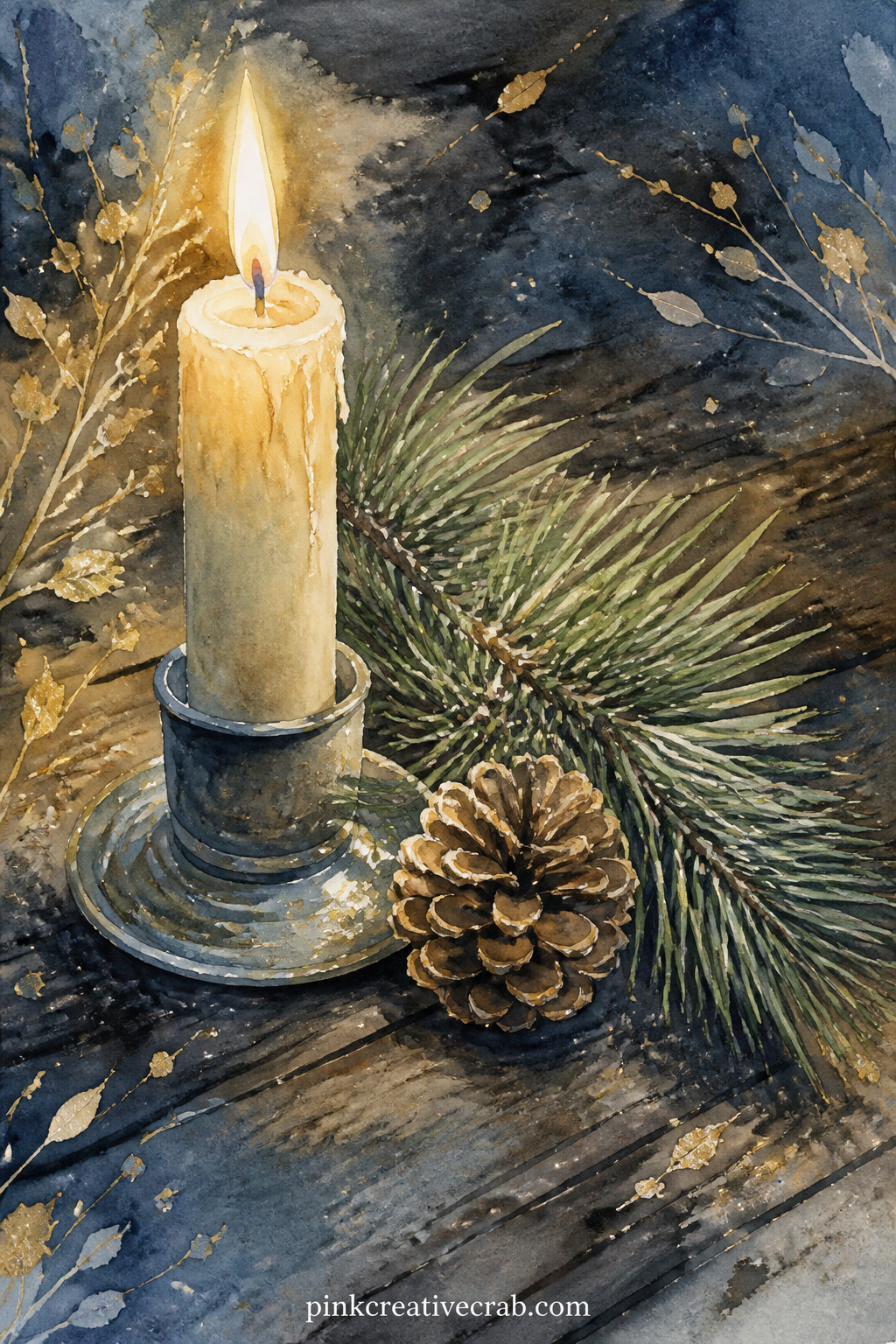 Winter Candle And Pine printable page — A lit candle sits beside a short sprig of pine and a single pinecone, their shadows painted softly across a dark wooden
