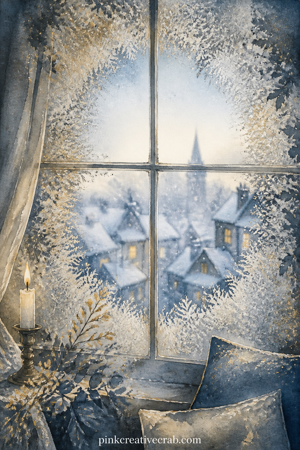 Frosted Window Pane printable page — The usual mistake with a window page is painting the glass too clean and losing the winter feeling, so keep the frost
