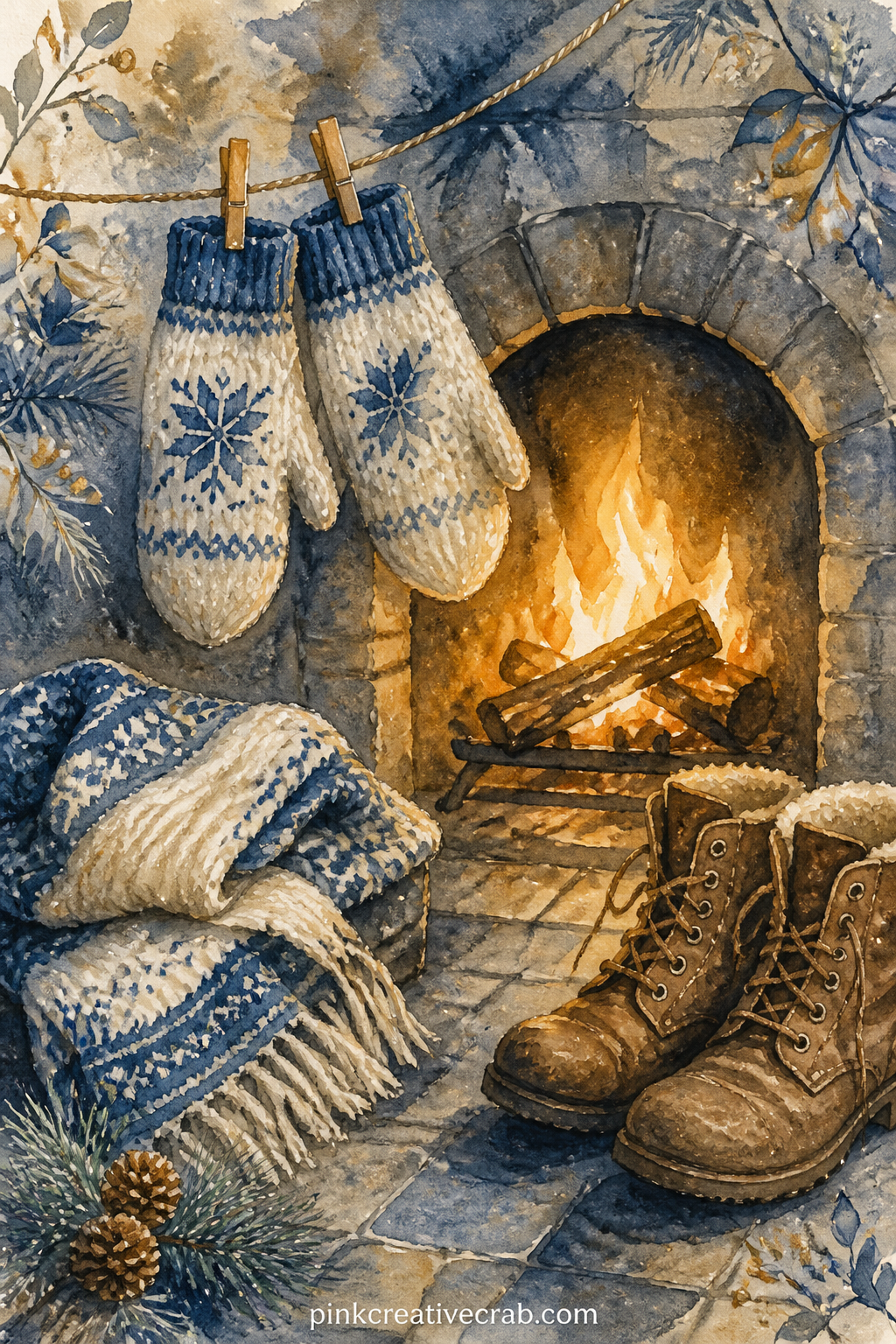 Mittens Drying By The Fire printable page — A pair of knitted mittens hangs drying near a small hearth, a folded scarf and a pair of worn boots resting on the
