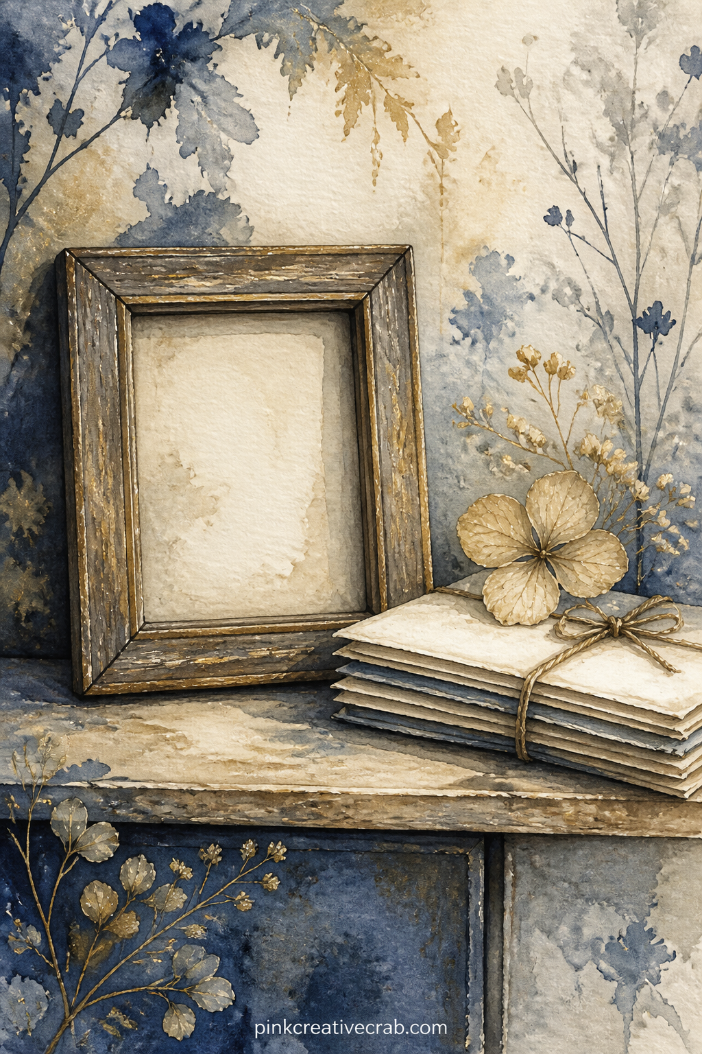 Looking Back Photo Frame printable page — A small empty photo frame rests on a shelf beside a pressed flower and a short stack of old letters, with space