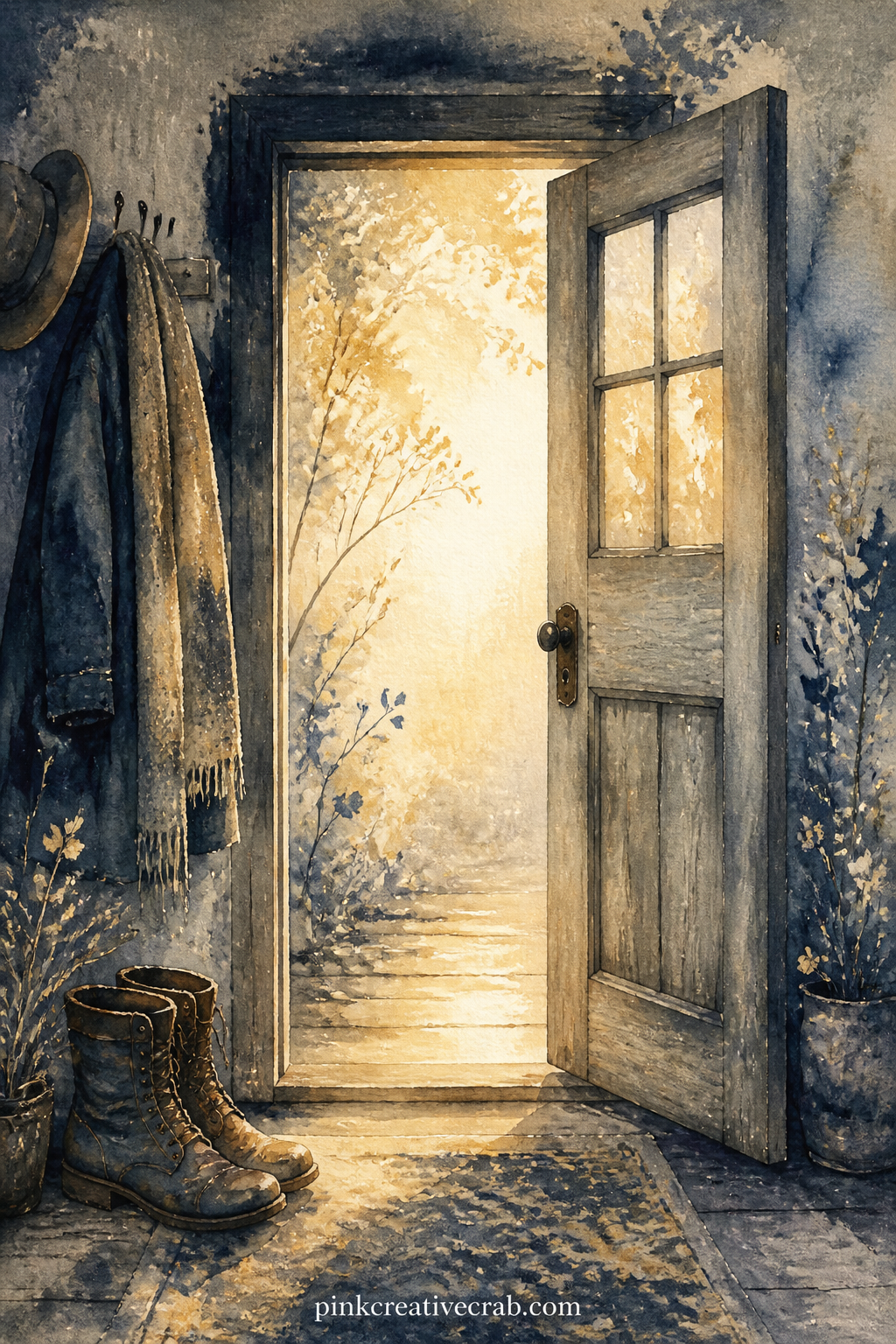 Door Opening To Light printable page — A half open door reveals a soft wash of golden light beyond it, a pair of boots and a coat left just inside, suggesting