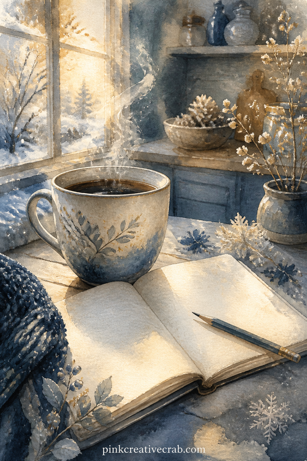 Cold Morning Coffee Cup printable page — Steam rises gently from a coffee cup set beside an open notebook on a quiet morning, with a soft wash of early light