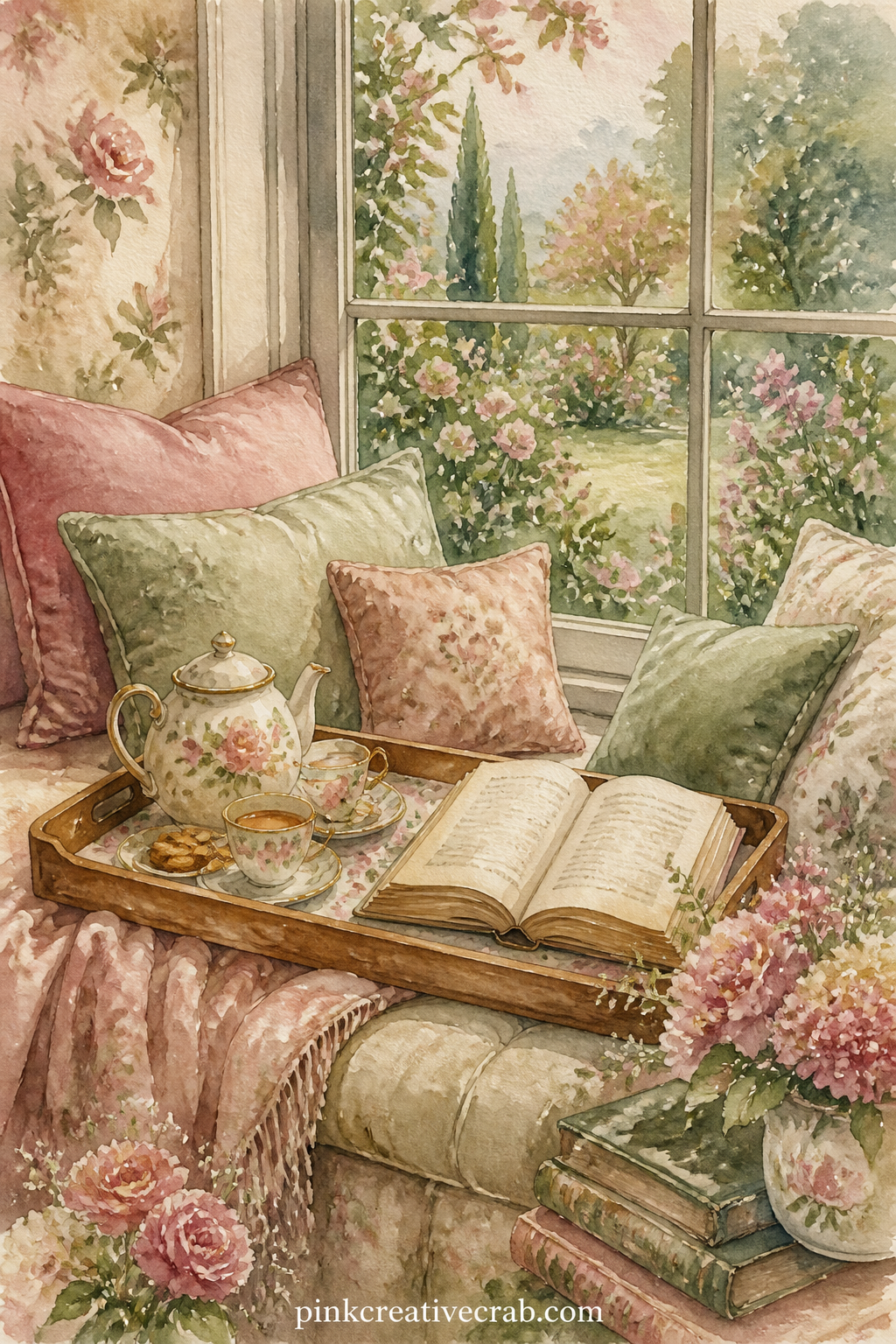 Window Seat With Tea Tray printable page — Glue in a real receipt from a bookshop visit or a torn corner of a paperback cover along the tray's edge, tucked
