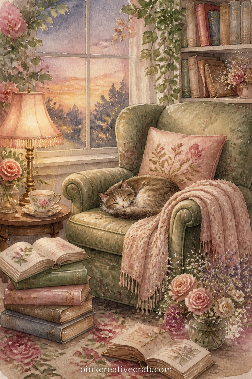 Cozy Reading Chair Corner printable page — An armchair angled toward a window holds the whole scene: a folded blanket over one arm, a stack of three books on