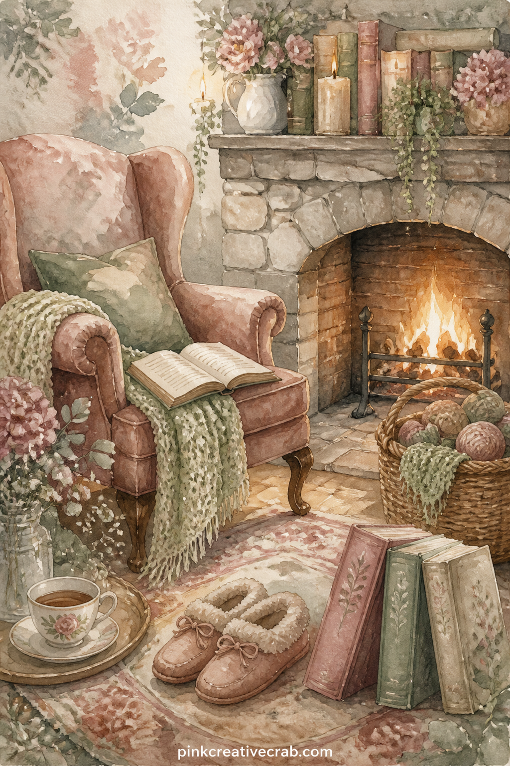 Fireplace Reading Spot printable page — A low fire glows in a stone hearth while a basket of yarn, a pair of slippers and three leaning books rest on the rug