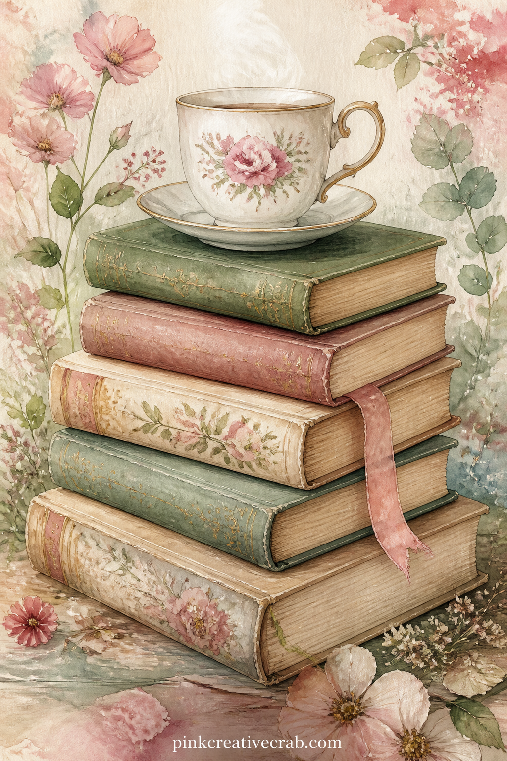 Stack of Books and Teacup printable page — Five leaning novels of different heights hold a steaming teacup balanced on top, with a bookmark ribbon trailing