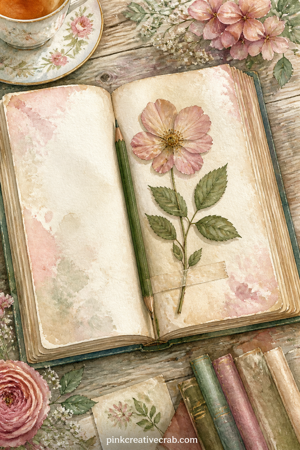 Open Book and Pressed Flower printable page — Write the title and the date you finished reading across the open pages in small letters, as though the book
