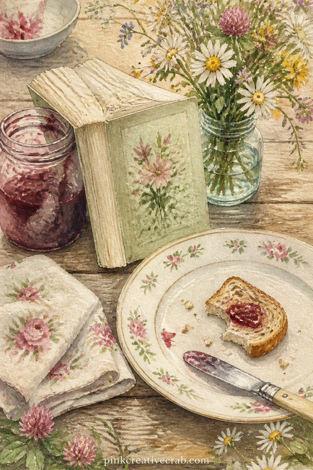 Breakfast Table With Novel printable page — A plate of toast sits half eaten beside a paperback propped open with a jam jar, a folded napkin and a small vase