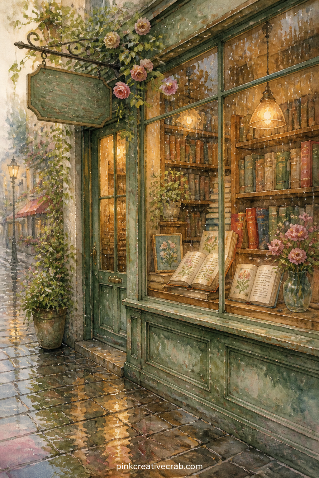 Bookshop Window in Rain printable page — Who is this page for: give it to a reader who logs books bought on trips rather than borrowed ones, since the rain and