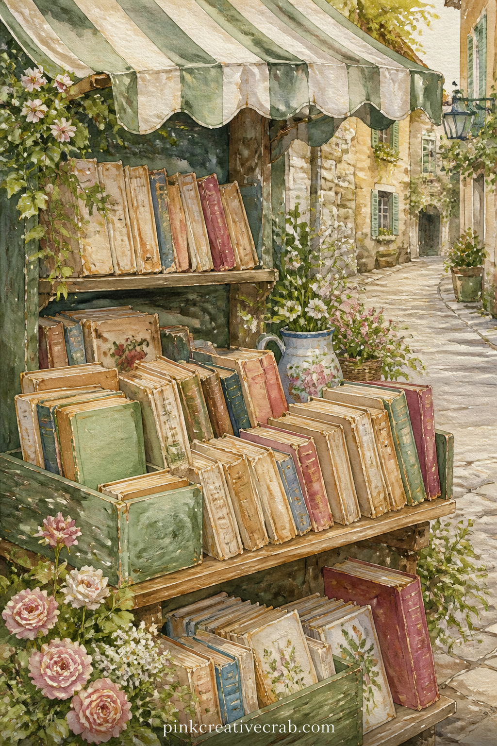 Secondhand Book Stall printable page — Place this page across from the bookshop window so the spread reads like one walk: window first, stall second, as though