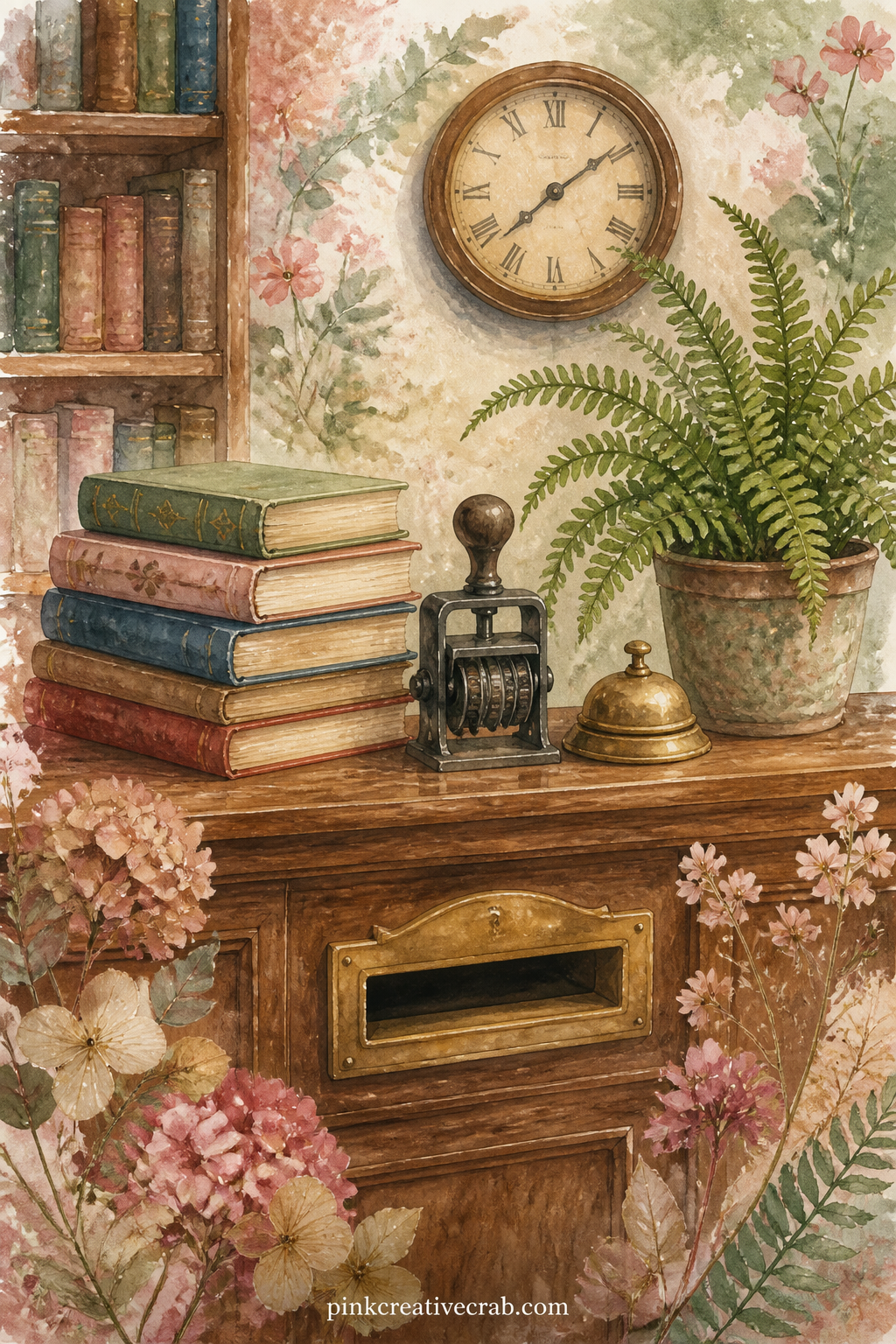 Library Return Desk printable page — A tall wooden desk holds a stamp pad, a small bell and a neat stack of returned books, with a potted fern and a hanging