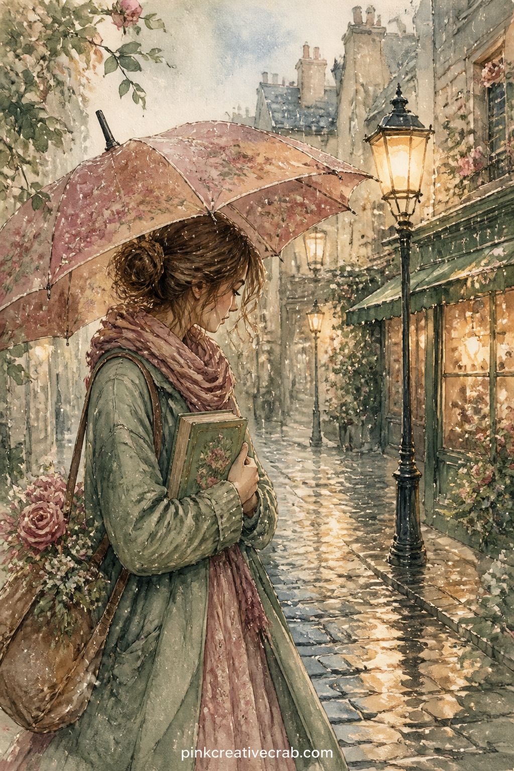 Rainy Street With Umbrella and Book printable page — Tear the bottom edge of this page by hand instead of cutting it straight, so the uneven line echoes the