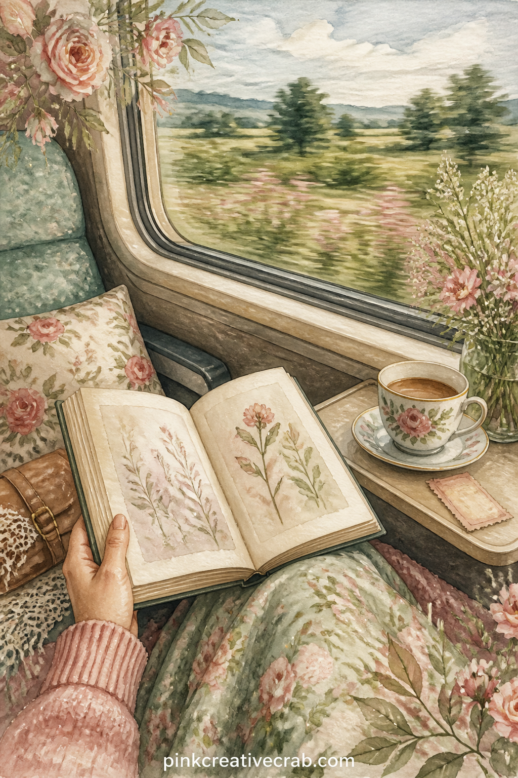 Train Window With Book on Lap printable page — Tea stain the edges of this page before gluing it in, so the warm tone matches the soft blur of the countryside