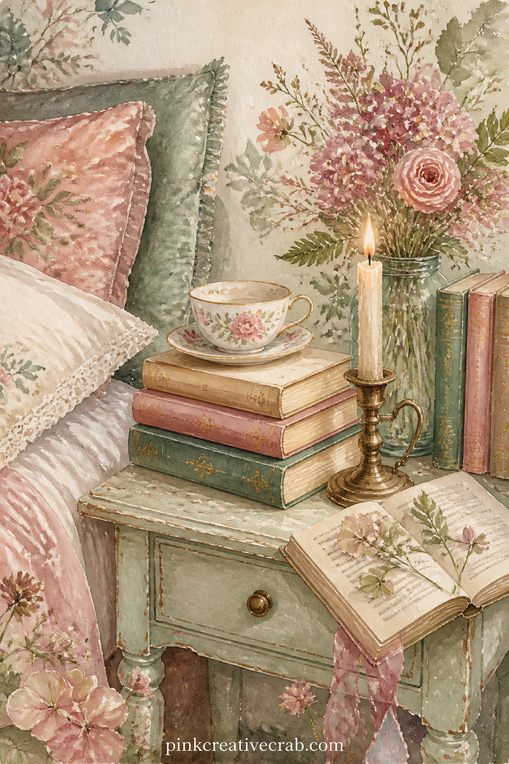 Bedside Table With Books and Candle printable page. Junk journal reading log