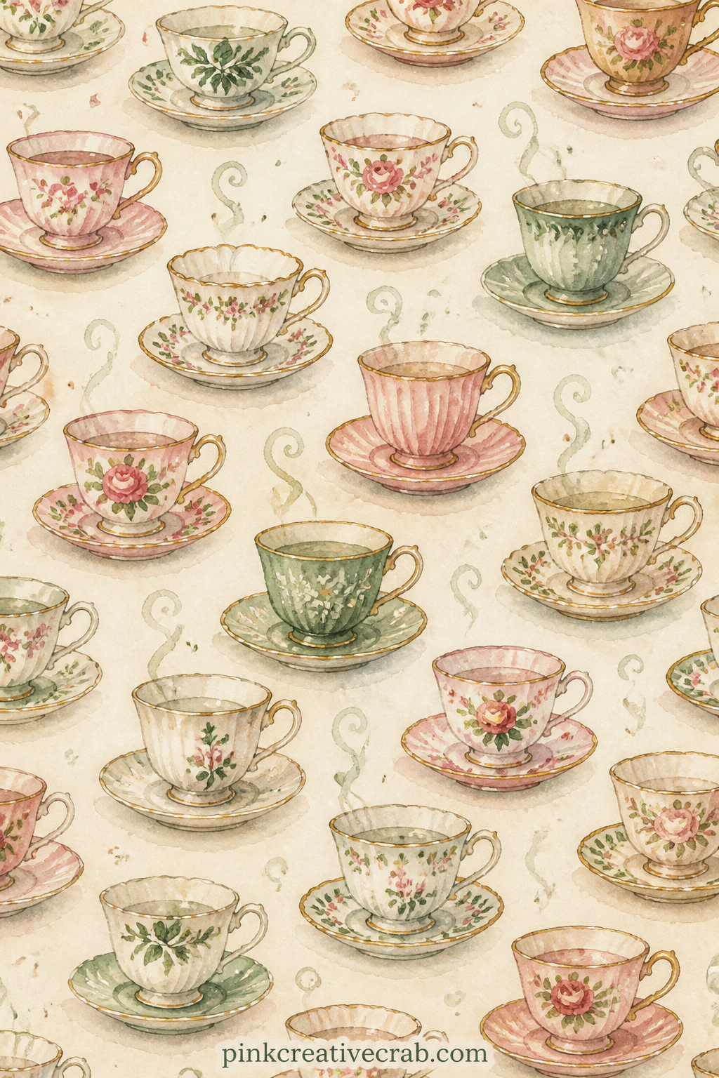 Teacups and Saucers Pattern printable page — Place this one under a photo from a tea themed reading club meeting, behind a lined page for tracking tea pairings