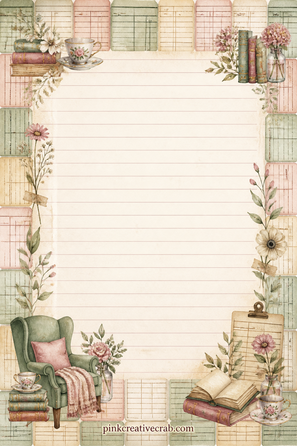 Vintage Library Ticket Pattern printable page — Lay this behind a scene page that feels bare, use it as a cover for the whole kit, or line a pocket page