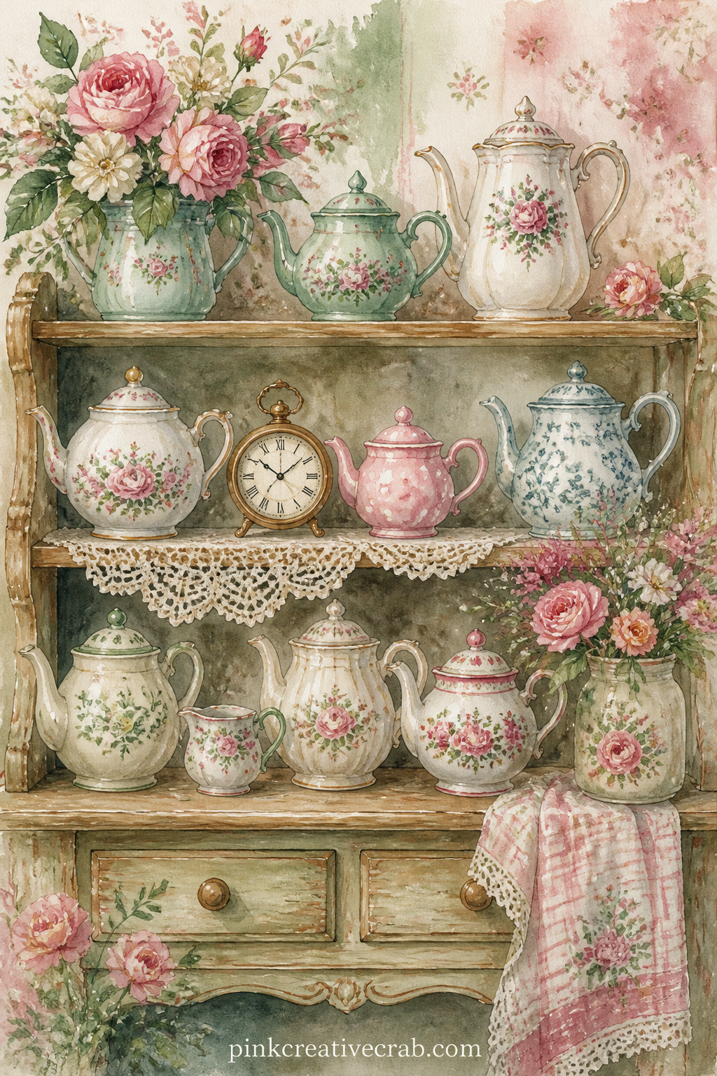 Teapot Shelf On A Dresser printable page — Pair this one with the teacup pattern page further on in the set: lay the dresser scene on the left of a spread and