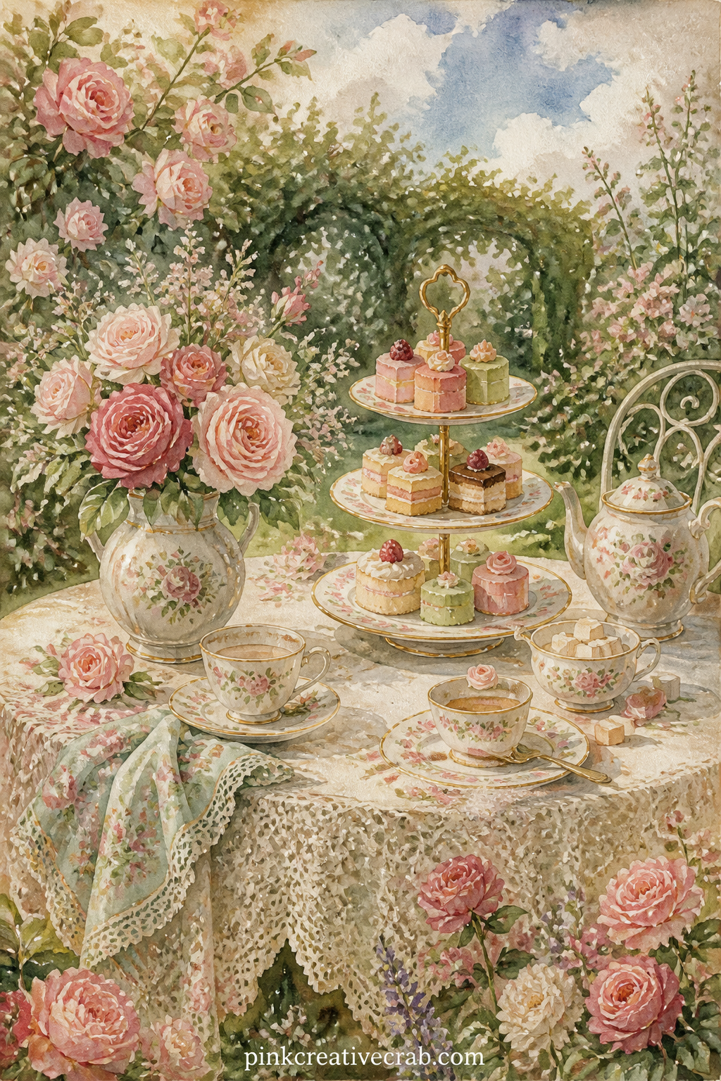 Garden Tea Party Table printable page — Tiered cake stand, a lace cloth and a scatter of rose petals sit at the centre of this spread, with a painted hedge and