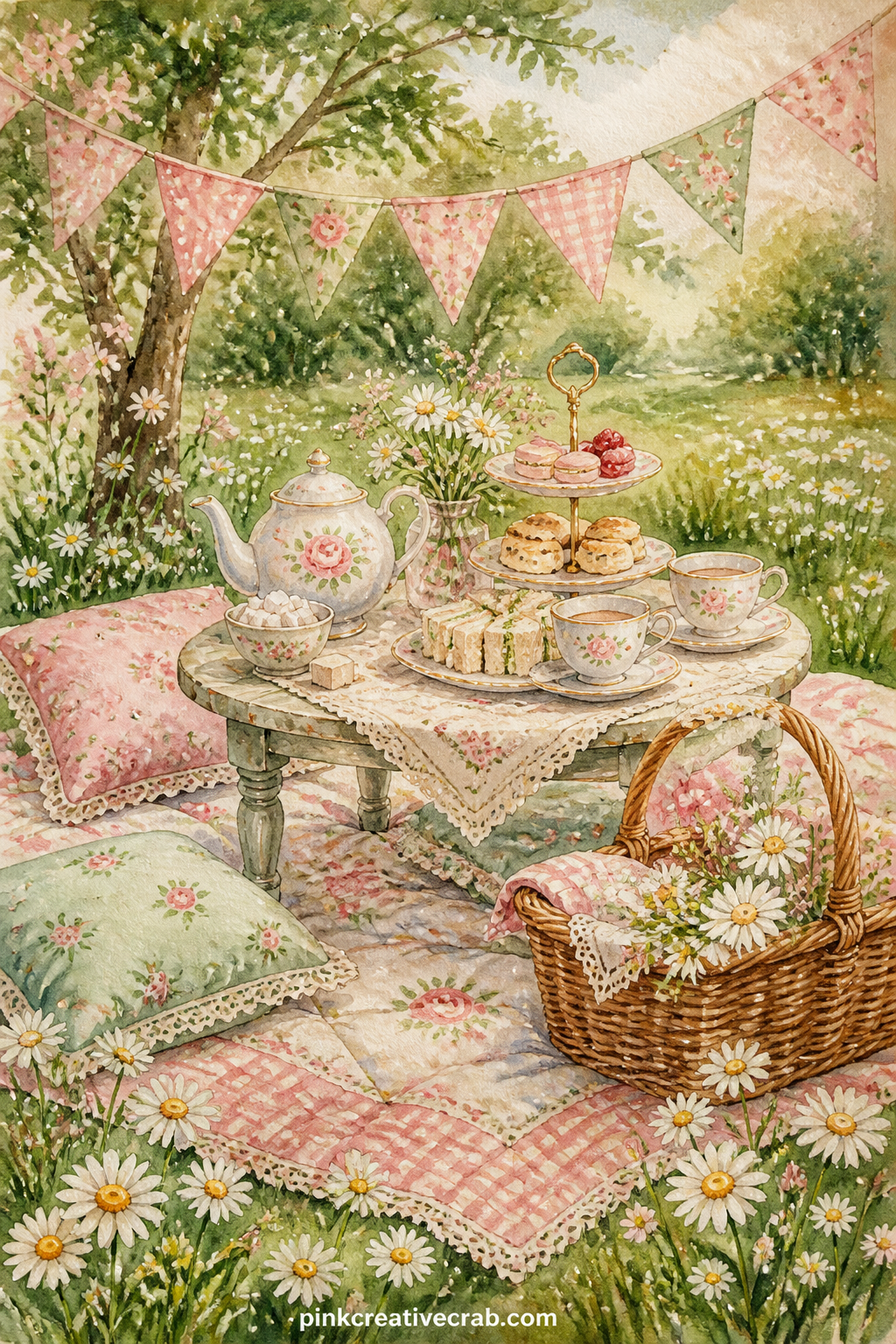 Lawn Set For Afternoon Tea printable page — Blanket, basket and a low table of sandwiches sit on a painted lawn under a line of trees, with bunting strung