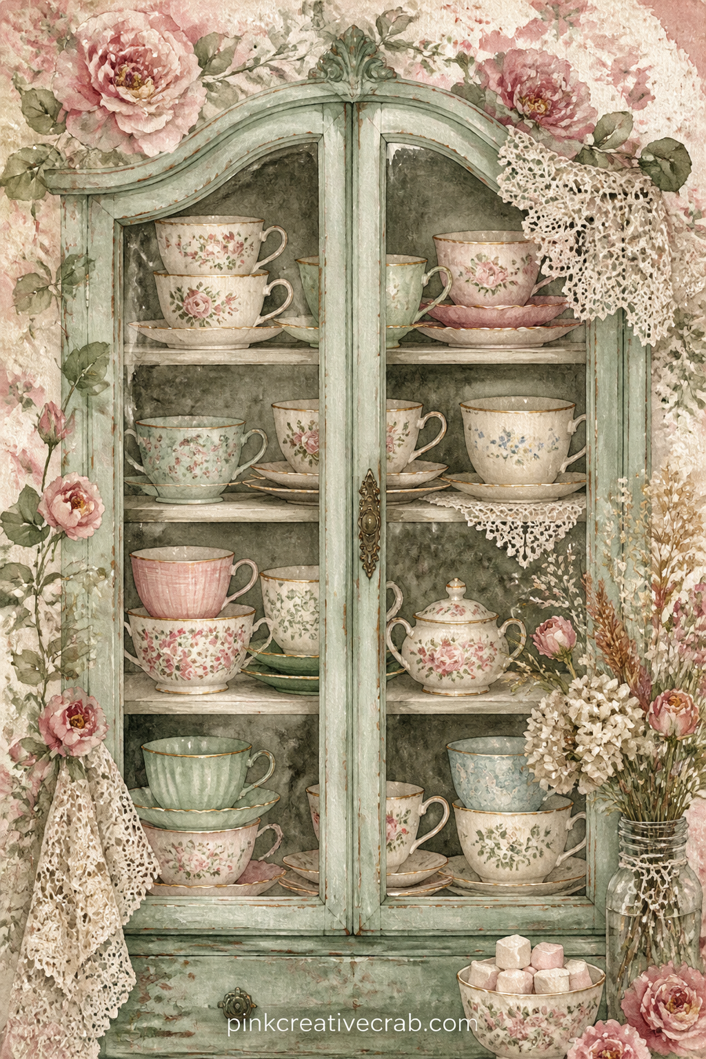 China Cabinet Of Teacups printable page — Try the five minute version: paint only the top shelf of cups fully, suggest the lower shelves with loose washes of