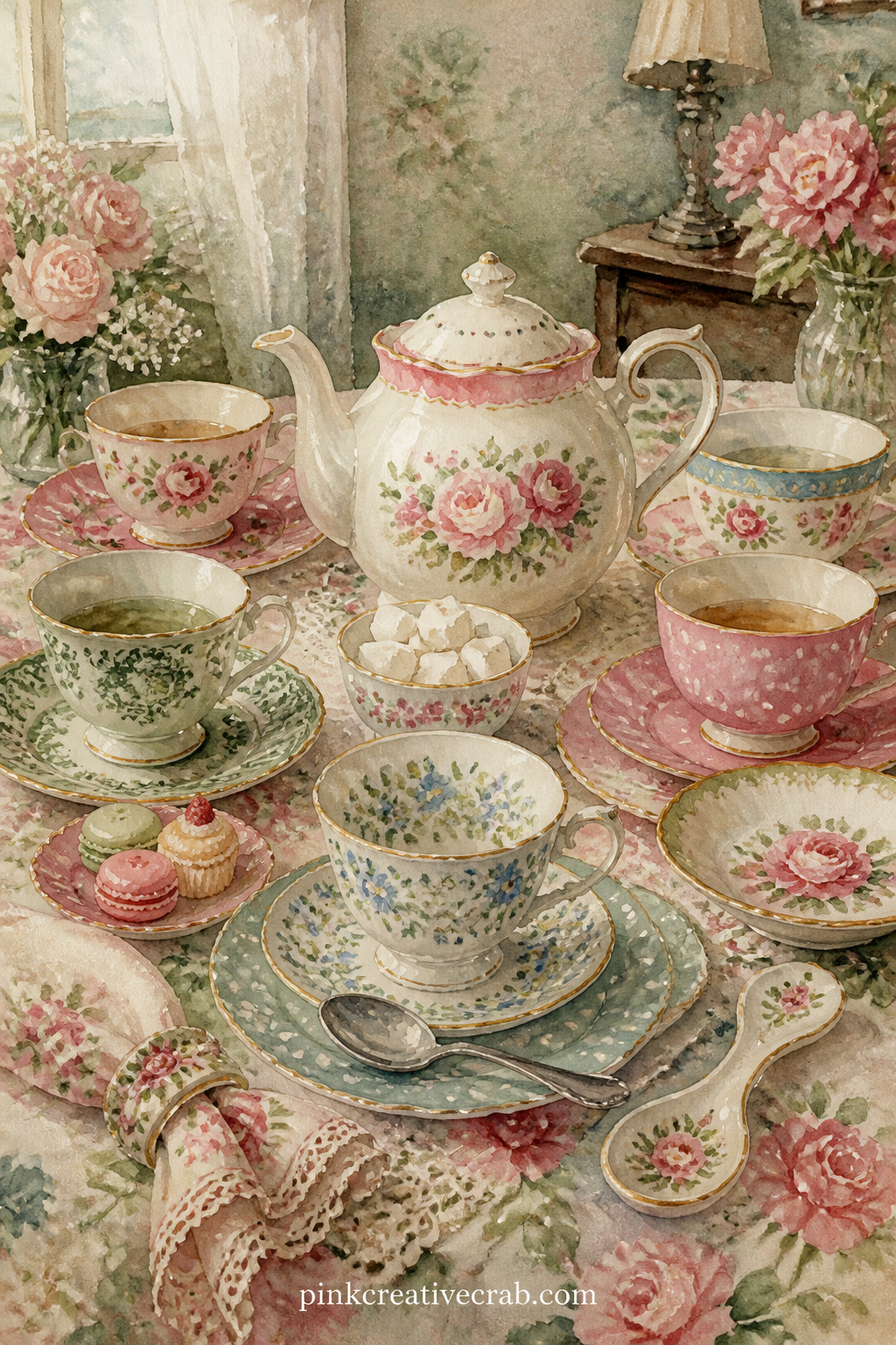 Table Set With Mismatched China printable page — The usual mistake here is matching every cup to its saucer, which flattens the charm of the scene. Tea party