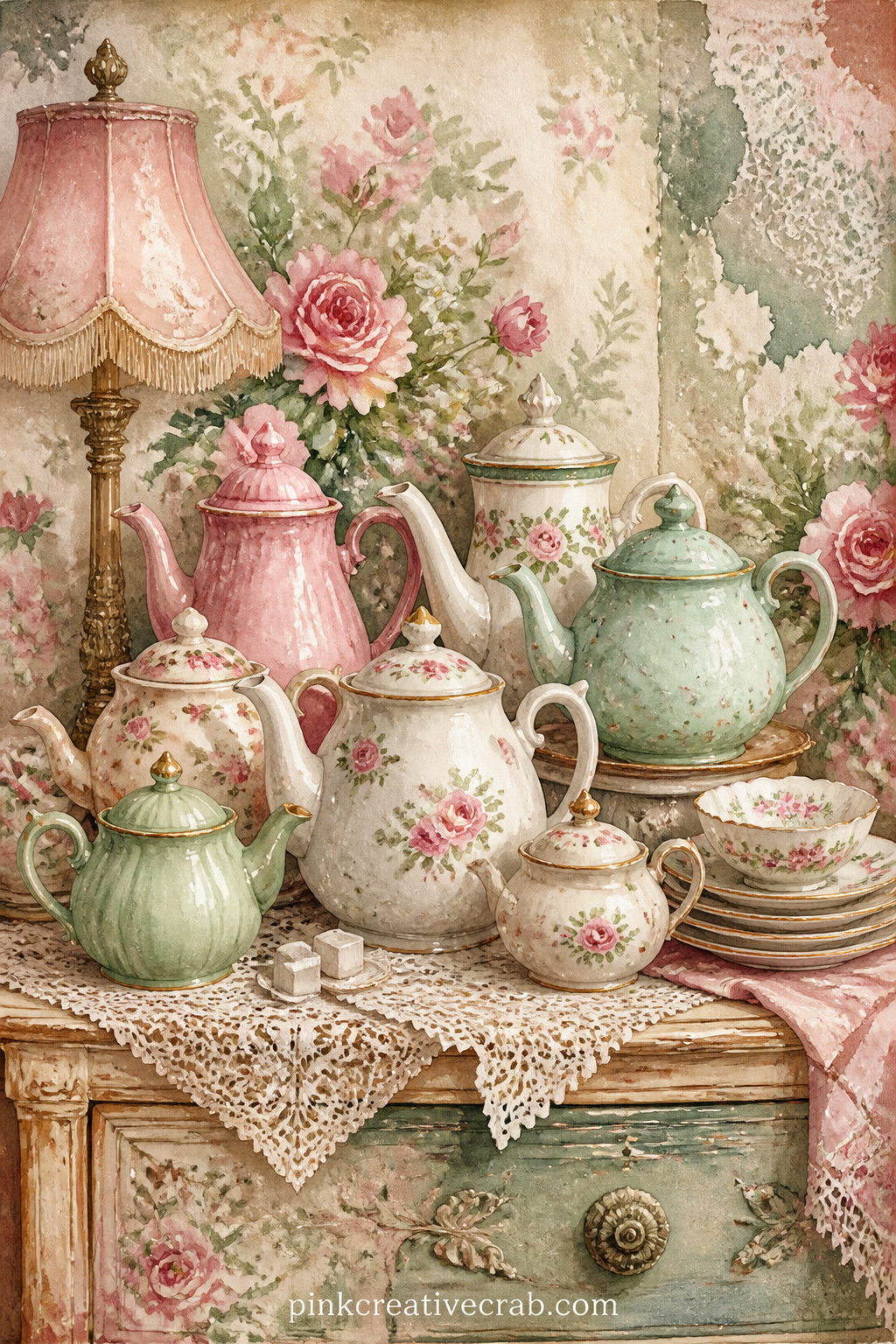 Vintage Teapot Collection printable page — Good for the reader who collects actual teapots: leave a line of space beside the shelf for her to note where each