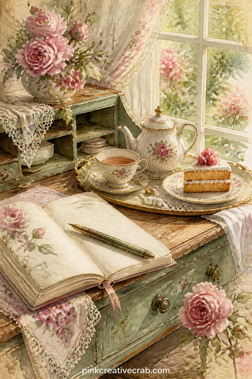 Writing Desk With Tea Tray printable page — What would you tuck onto this page: a pressed flower, a torn ticket stub, a few lines copied from a letter. Tea