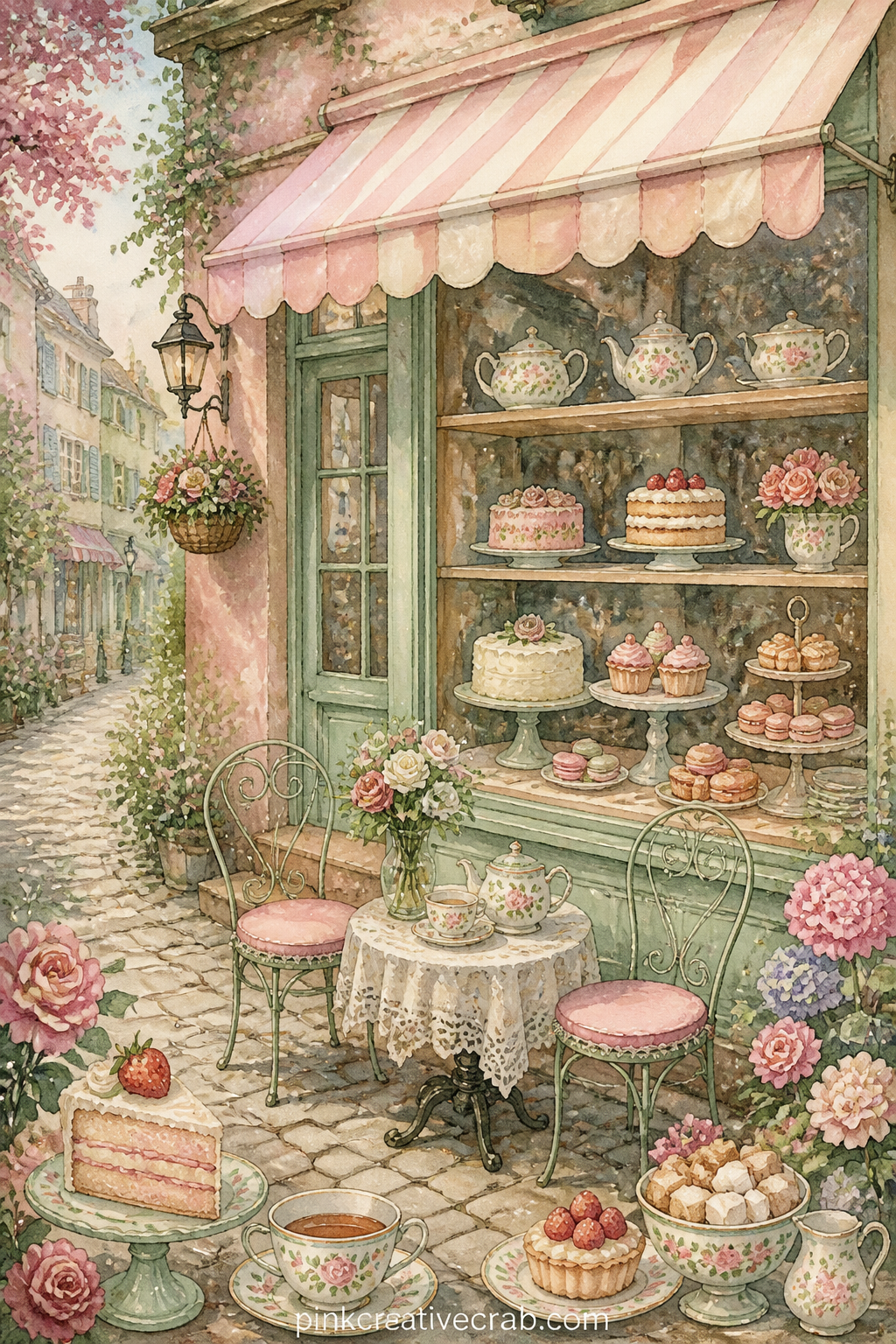 Pastel Tea Shop Window printable page — Pastel walls, a striped awning and a window of pastries make the front of this little tea shop, with a chalkboard sign