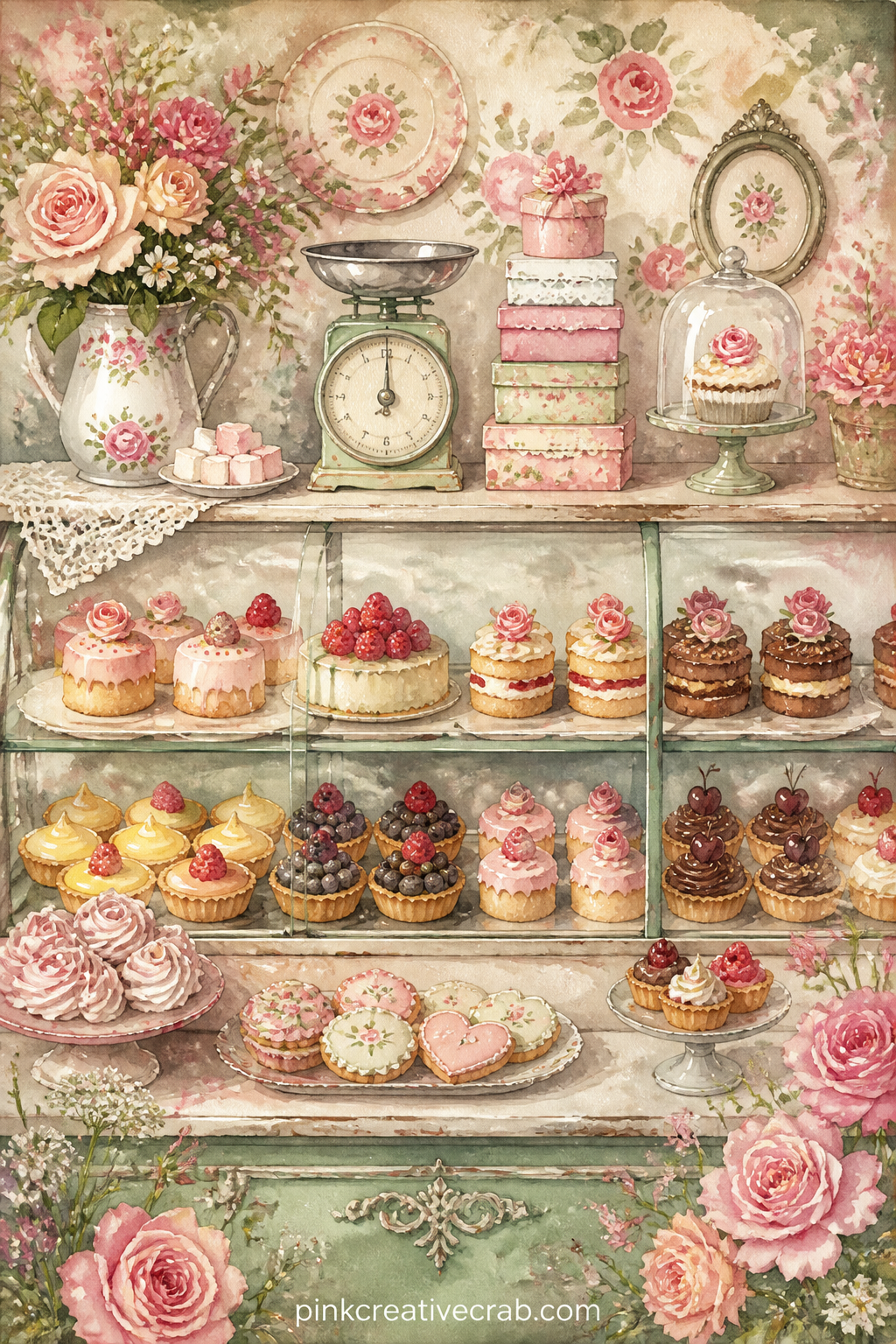Counter Of Cakes And Tarts printable page — Fold this page in half before gluing it in, so the counter opens like a short spread: cakes on the left panel, a