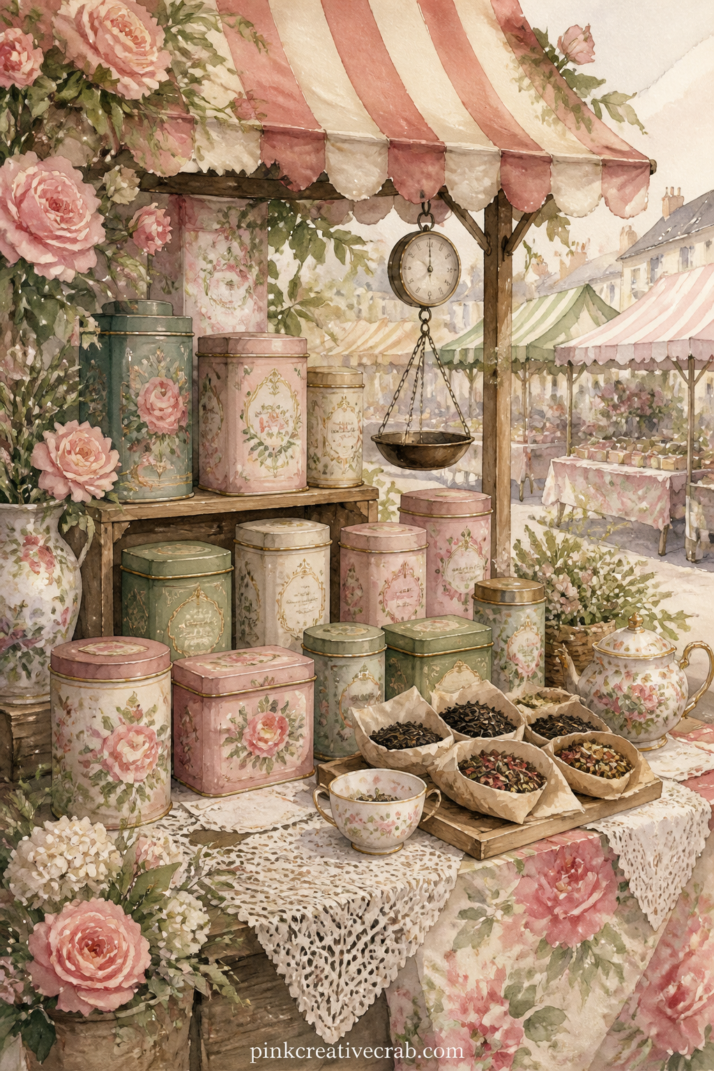 Market Stall Of Tea Tins printable page — Stack of labelled tea tins, loose leaves in small paper cones and a hanging scale fill this market stall, with a