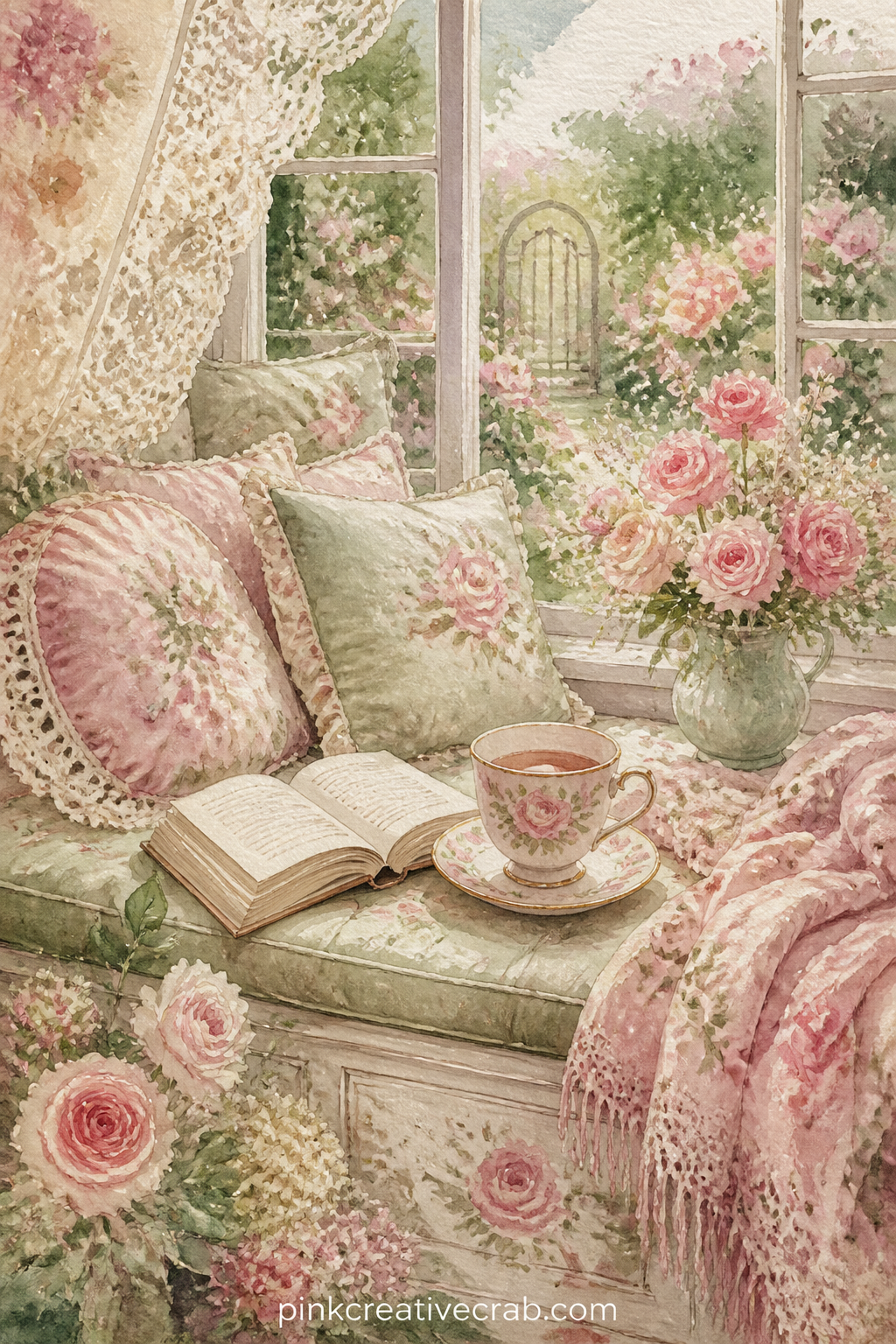 Window Seat With Teacup printable page — Tear the right edge of this page roughly before gluing it in, so the window seat looks half torn from an older book