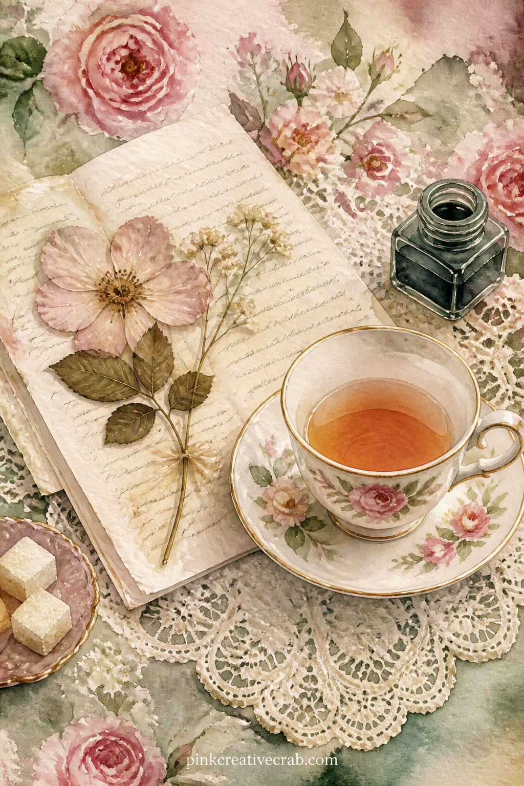 Letter And Pressed Flower With Tea printable page — An opened letter, a pressed flower and a half finished cup of tea sit together on a lace runner, with a