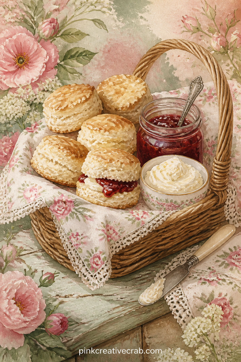 Basket Of Scones And Jam printable page — Stain the bottom edge of this page with weak tea before it dries fully, then glue it in once flat. Tea party junk