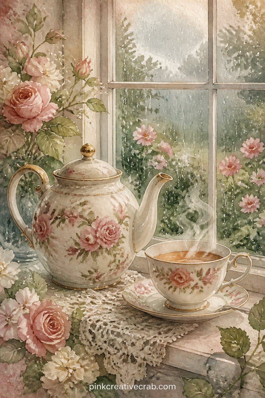 Single Teapot By A Window printable page — One teapot, one cup and a thin stream of painted steam sit on a narrow sill, with rain softly washed across the