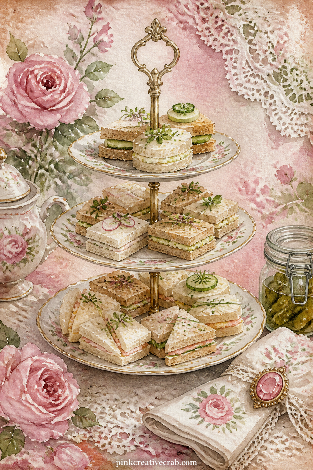Cake Stand Of Tiny Sandwiches printable page — Three tiers of finger sandwiches, a small jar of pickle and a folded napkin sit stacked on this stand, with a