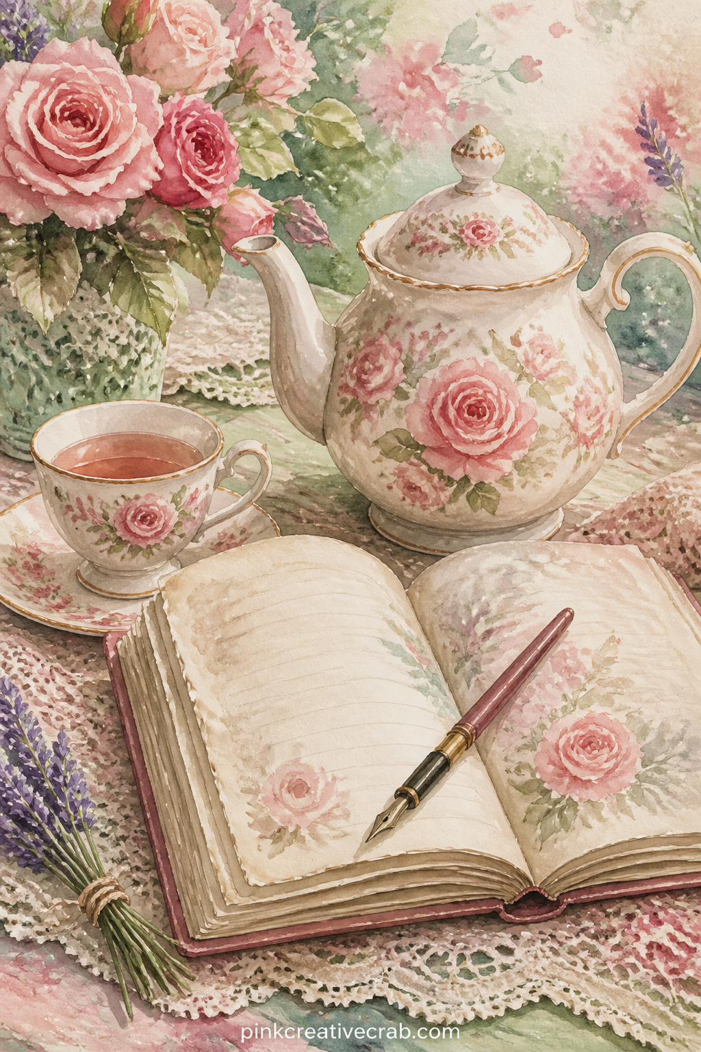 Rose Teapot And Open Diary printable page — Pair this page with the lace pattern background later in the set: use the pattern as a facing page so the rose