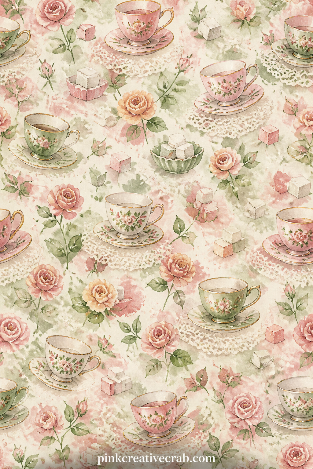 Teacups And Sugar Cubes Pattern printable page — Scatter this teacup and sugar cube print behind a photo of a real tea party, line the inside of a journal