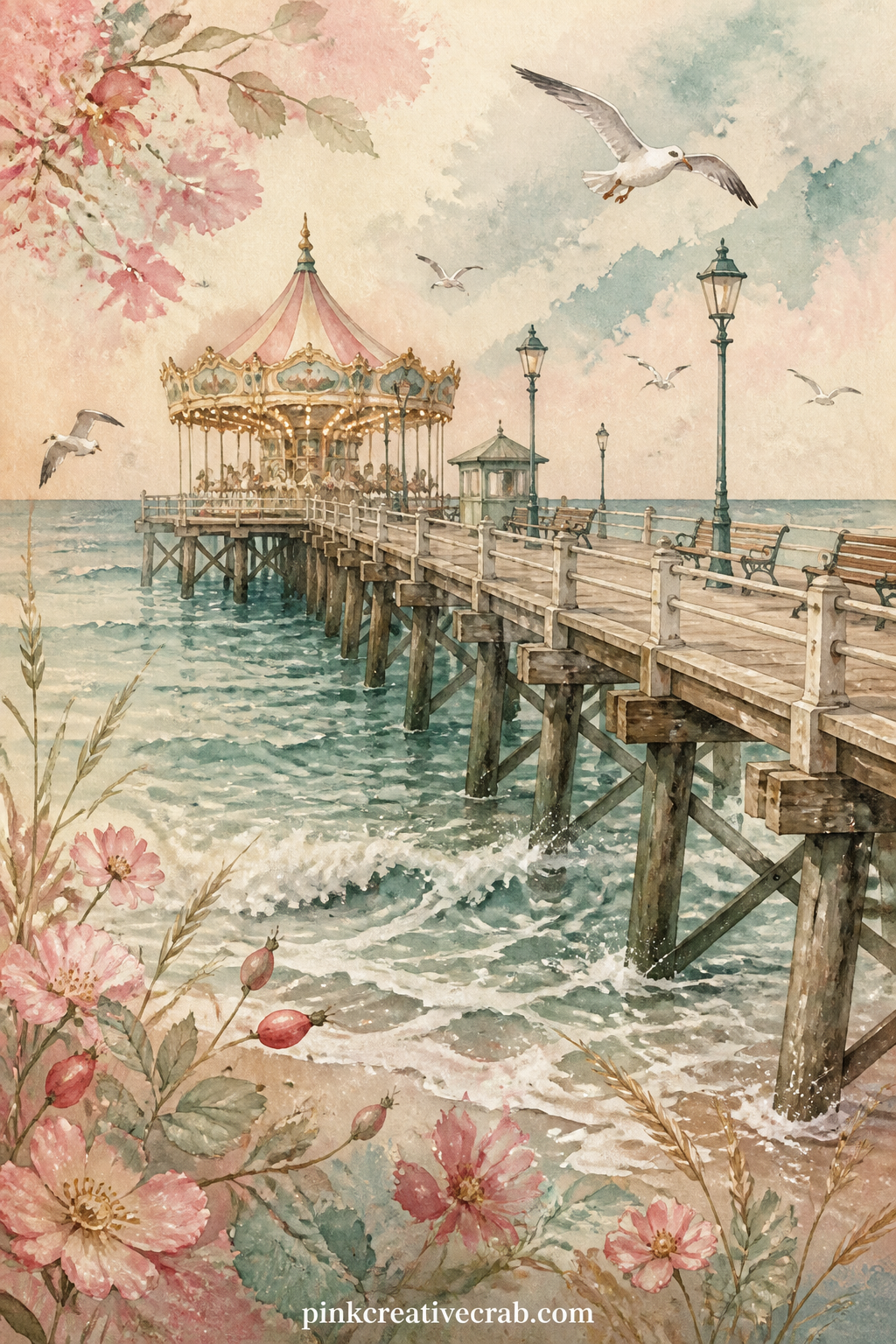 Seaside Pier With Carousel printable page — Give this one to the planner of the family, the one who always wants the day mapped out before breakfast. Beach