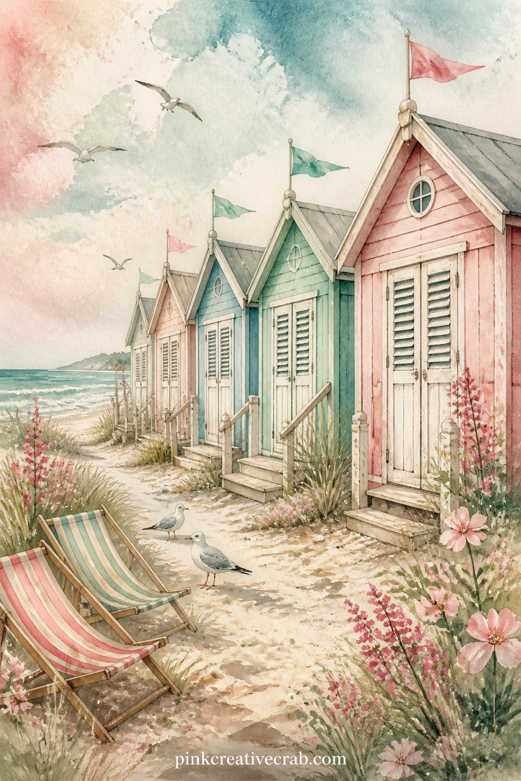 Row Of Beach Huts printable page — Pastel beach huts in a tidy row, each one a slightly different shade, make a cheerful anchor for the first page of the set.