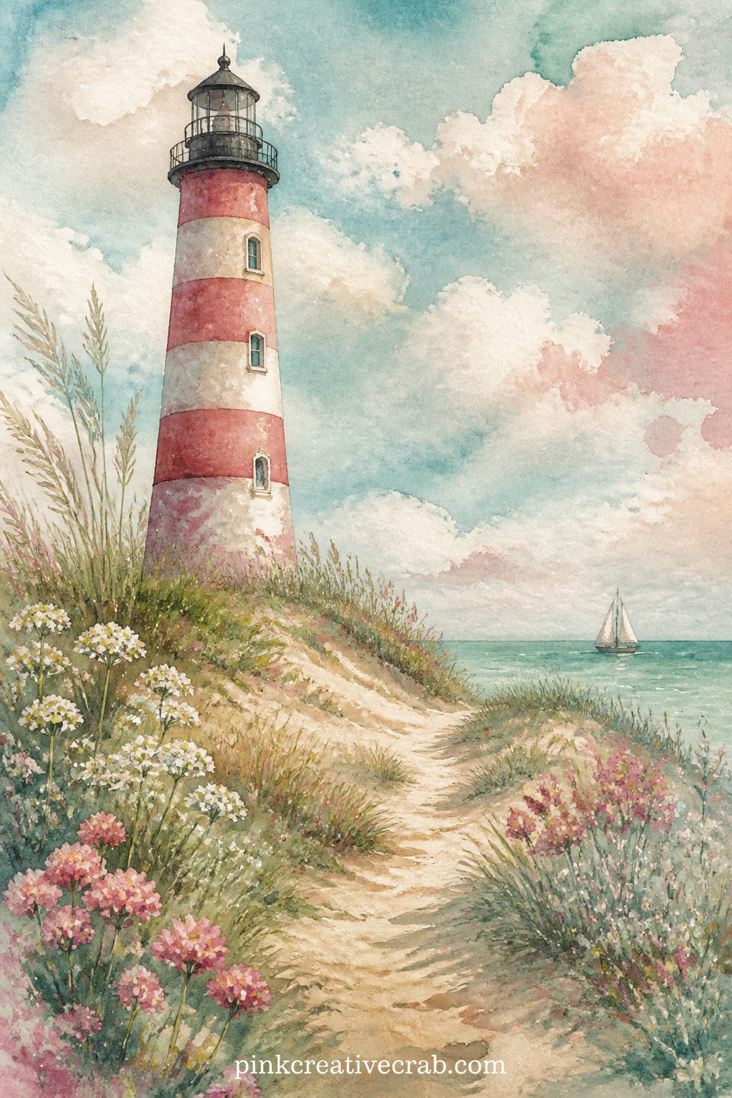 Lighthouse Above The Dunes printable page — Tuck a pressed sprig of dune grass or a small ticket stub at the base of the lighthouse before you glue this page