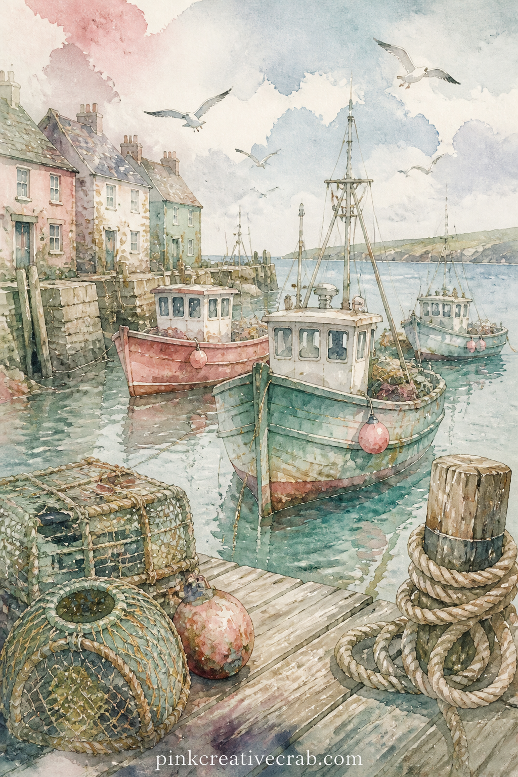 Harbour Fishing Boats printable page — Pair this page with the shell pattern background further on in the set: use the pattern as a facing page so the quiet