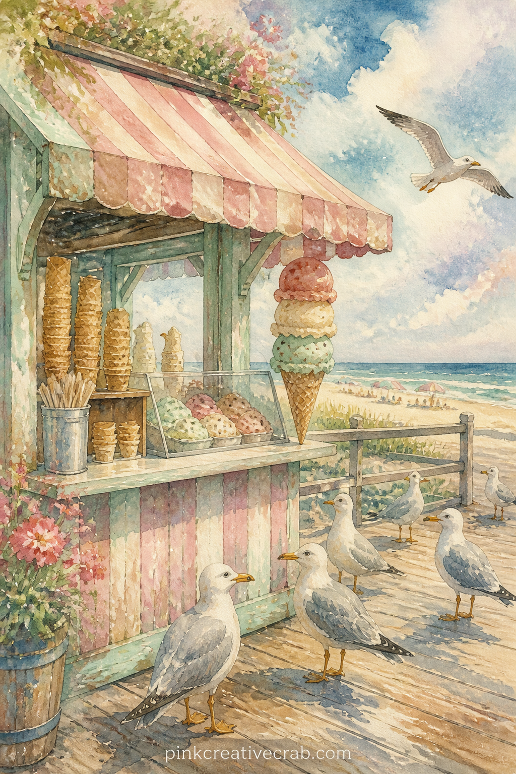 Ice Cream Stand On The Boardwalk printable page — Write the flavour of the day right across the awning in the margin, or glue a small wrapper beside the stand