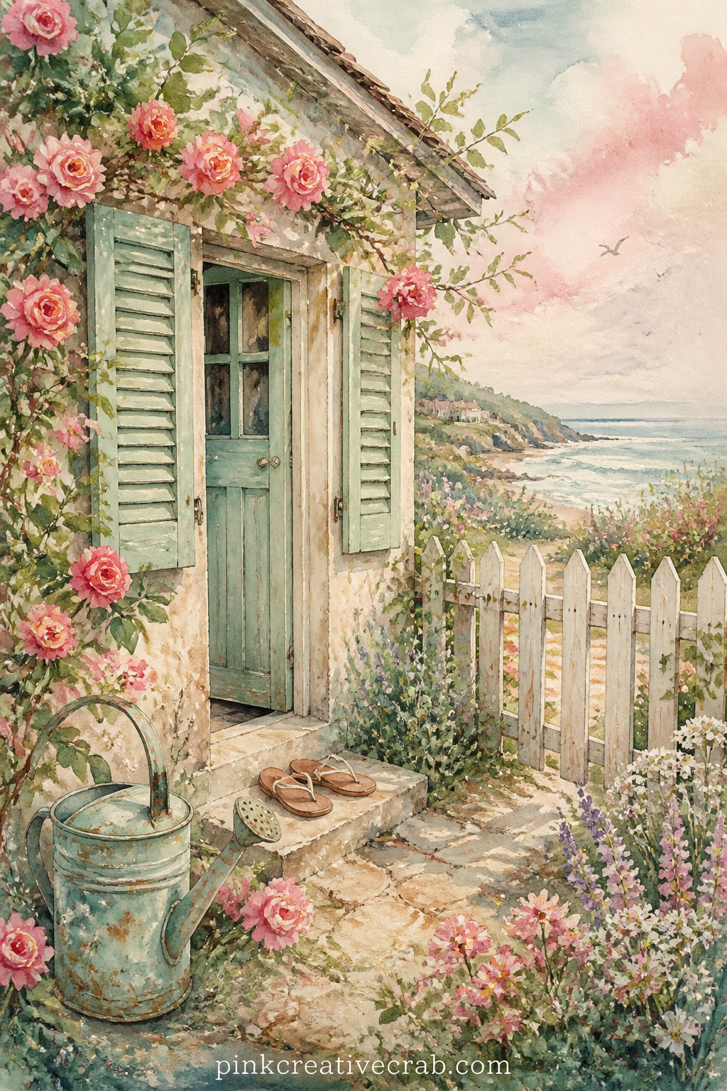 Seaside Cottage With Shutters printable page — The usual mistake with a cottage page is cramming every window with detail until the house disappears. Beach