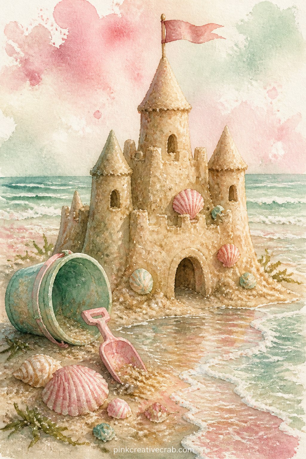 Sandcastle With A Flag printable page — A tall sandcastle with turrets and a small paper flag on top sits in wet sand, with a dropped bucket and spade and a